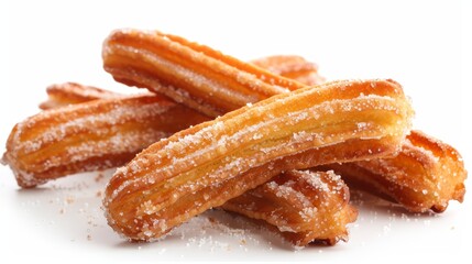Image description:.Four golden churros on a white background. The churros are sprinkled with sugar and have a crispy texture.