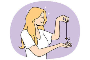 Smiling woman holding pendulum meditating. Happy girl with magic crystal used for spiritual guidance. Esoteric and spirituality. Vector illustration.