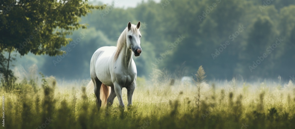 Poster the horse grazes peacefully in the lush pasture creating a serene background with ample space for ad