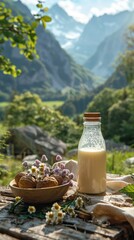 Obraz premium Glass bottle with fresh cow's milk, goat's milk, on wooden table with alps in background, natural ecology farm concept，Fresh Milk in Glass Bottle on Wooden Table with Alpine Mountain Background. Minim