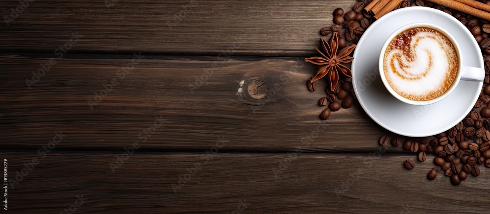 Poster on a wooden table there is a cup of hot drink topped with aromatic cinnamon and whipped cream creati