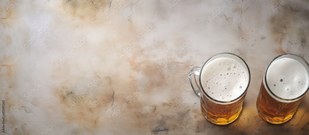 Poster a top down view of lager beer mugs placed on a stone table with ample copy space in the image