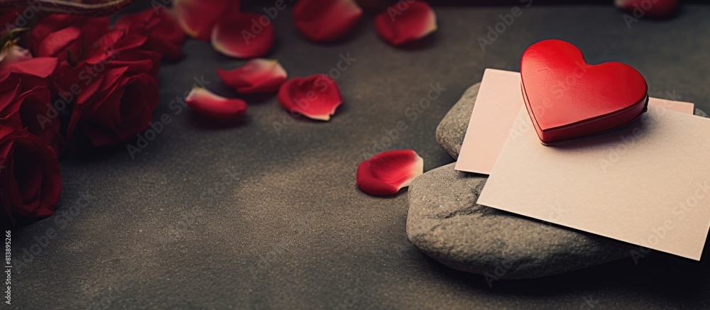Poster valentine s day a paper heart is positioned on a stone while a notepad sits nearby creating a captiv