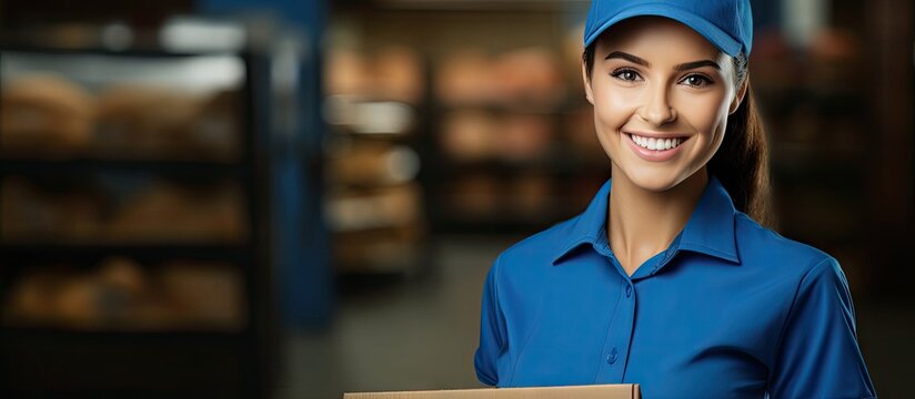 Copy space image of a cheerful delivery girl wearing a blue uniform happily smiling while holding a box and a clipboard with a background of a supermarket or grocery store
