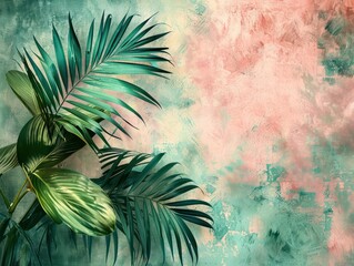 realistic tropical plants and leaves with vivid colors as a texture, watercolor background in...