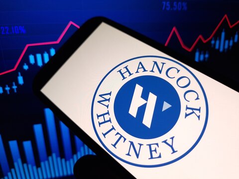 Konskie, Poland - May 12, 2024: Hancock Whitney company logo displayed on mobile phone