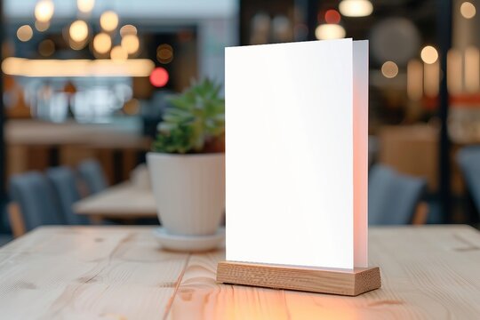 Mock up Label the blank menu frame in Bar restaurant ,Stand for booklets with white sheets paper acrylic tent card on wooden table cafeteria blurred background. generative ai.