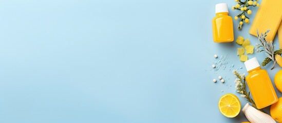 A summer themed background with beach accessories coral flip flops shells starfish a yellow sunscreen bottle and body spray The items are arranged on a blue background providing a top view flat lay a