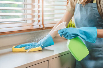 Housekeeper doing chores concept, Close-Up view of housemaid cleaning furniture surface with sanitizer spray and wiping with wet cloth in living room.