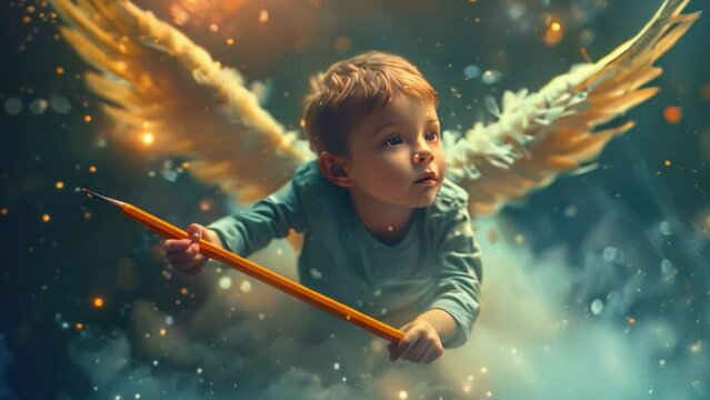 A boy dreams of flying with the tip of an imaginary pencil. Soar through the sky through the boundless expanses of your imagination with wonder and creativity.
