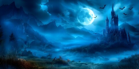 Nighttime Scene of a Gothic Castle with Bats and Moonlit Sky over Grass Field. Concept Gothic Castle, Nighttime Scene, Bats, Moonlit Sky, Grass Field
