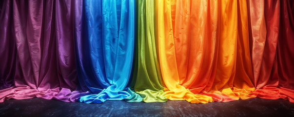 Dramatic rainbow colored crushed velvet curtains draping to the ground on a dark stage. High resolution 8k theatrical event promotion material, grand opening banner or LGBTQ Pride Month background