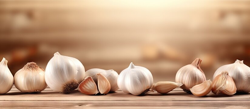 The wood floor banner background features garlic cloves and bulb garlic providing ample copy space - Powered by Adobe