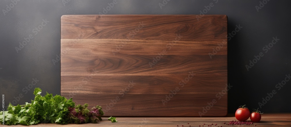 Poster handcrafted walnut cutting board displayed on a linen surface with ample copy space for images