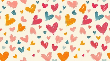 cartoonish seamless pattern doodle heart bright cheerful color, Generative Ai