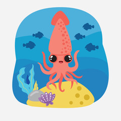 Figure squid. Insulated squid on a white background, sea bottom. Color illustration in the style of cartoon. Seafloor with algae, shells and corals © Natallia