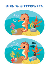 Mini-games for children. preschoolers. Find 10 differences. Picture with seahorse. Logical tasks for preschoolers. Games 3-4 years.