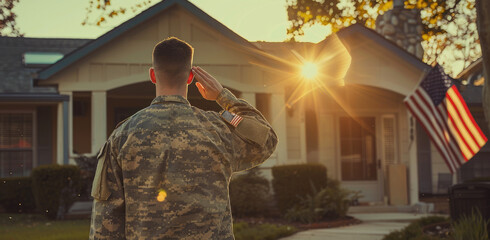 male in military uniform saluting standing outside of a house with an American flag