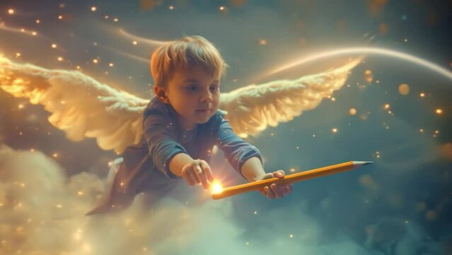 A boy dreams of flying with the tip of an imaginary pencil. Soar through the sky through the boundless expanses of your imagination with wonder and creativity.