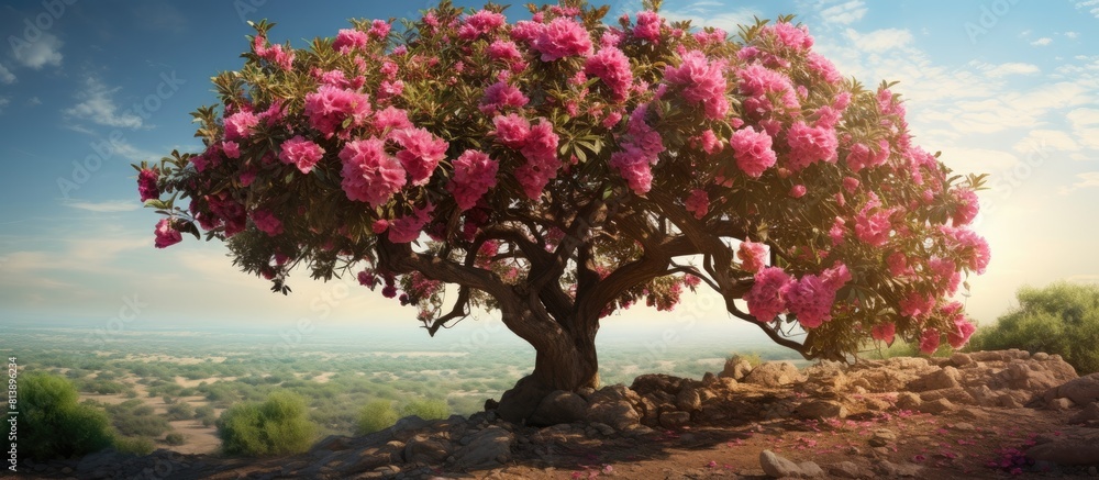 Poster the pomegranate tree showcases a vibrant display of beautiful small pink flowers complementing its l