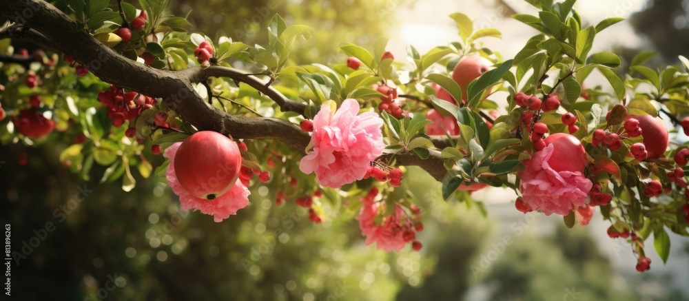 Poster the pomegranate tree showcases a vibrant display of beautiful small pink flowers complementing its l