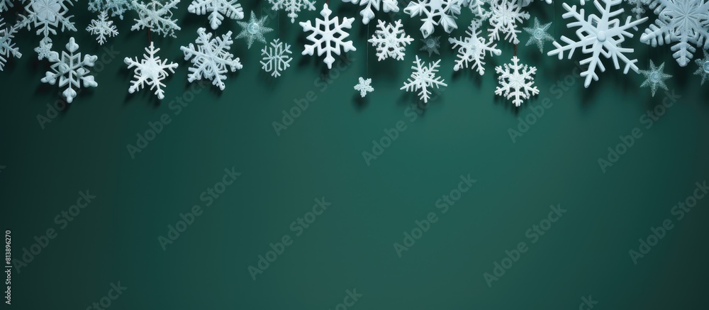 Poster a wintry decoration featuring white wooden snowflakes set against a green backdrop and ample copy sp