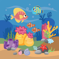 Underwater world scene, ocean floor marine life background. Undersea with corals and seaweed, sea bottom, seabed, illustration