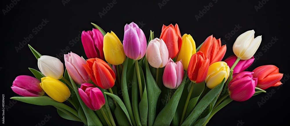 Poster a horizontal photo of a multi colored tulip bouquet displayed on a white background with copy space 