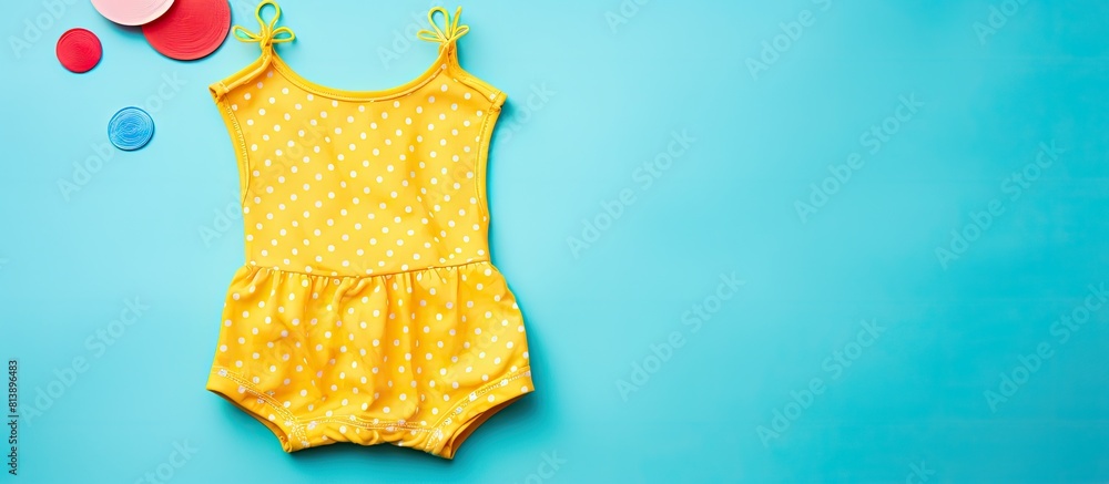 Poster flat lay view of a baby swimsuit with polka dots perfectly capturing the essence of a summer holiday