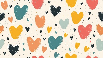 cartoonish seamless pattern doodle heart bright cheerful color, Generative Ai
