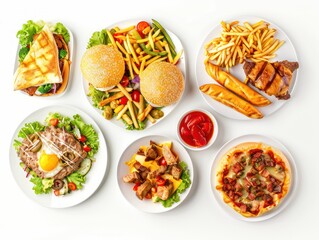 assortment of western food, top view in a white background 