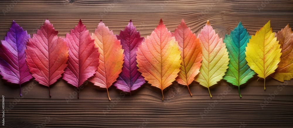 Poster top view of colorful plastic autumn leaves arranged on an old wooden floor creating a vibrant and ey