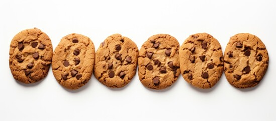 A top view image of homemade chocolate chip cookies placed on a white background with ample copy space for text or graphics