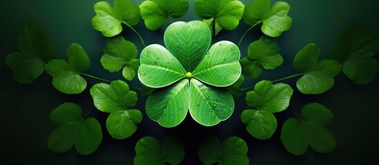 A symbol of good luck the four leaf clover is a rare find with its distinct shape and bright green color. Copy space image. Place for adding text and design