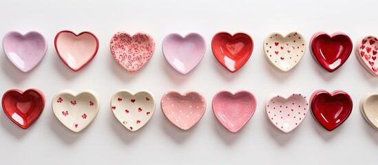 Top view of heart shaped ceramic plates with a Saint Valentine s Day theme on a white textured background The image is laid out flat providing copy space