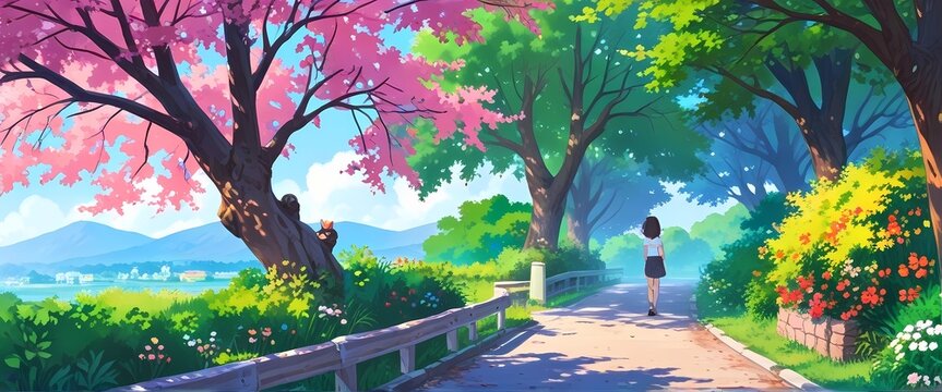Anime style illustration of trees landscape girl walking through, vibrant road