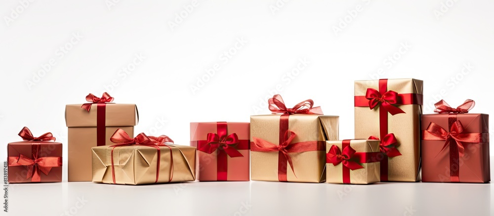 Poster christmas themed gift boxes with bows arranged neatly on a clean white background creating a copy sp