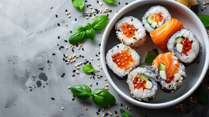 Sushi top view, sushi, white background, luxury restaurant japanese food with copy space，Luxurious Sushi Delights - Top Down View of Exquisite Japanese Cuisine in 4K HD Wallpaper