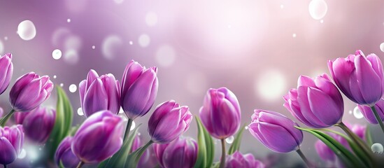 A summer garden background with vibrant violet tulips arranged in a beautiful bouquet Perfect for...