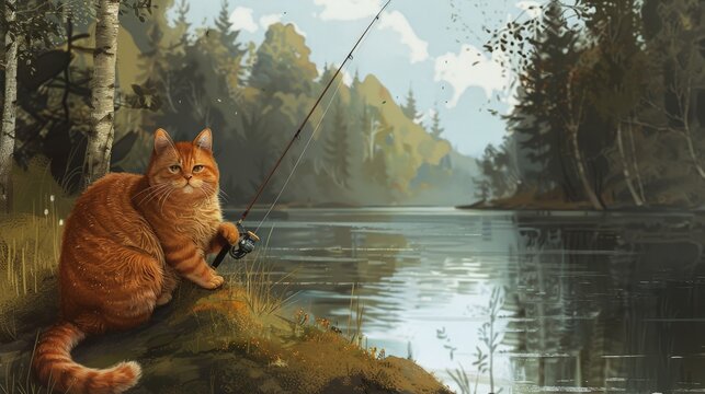 A cute fat cat with a fishing rod, patiently waiting by a tranquil river for a nibble on the line.
