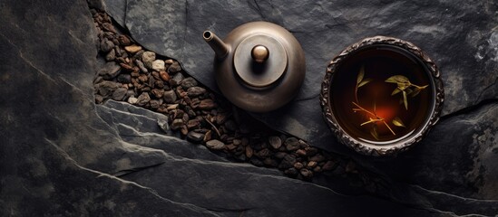 A top down view of a teacup and teapot resting on a stone table with ample copy space in the frame