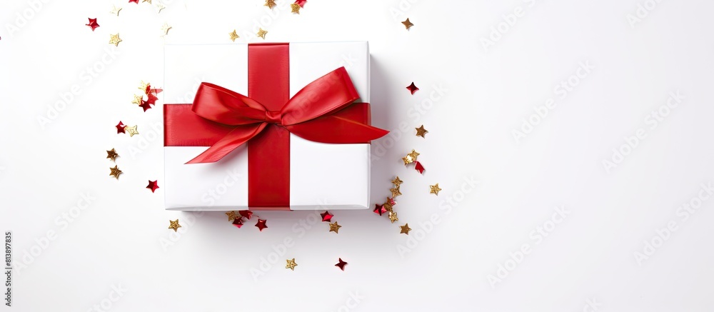 Aufkleber a top down view of a white background featuring a satin ribbon adorned blank red gift tag leaving am