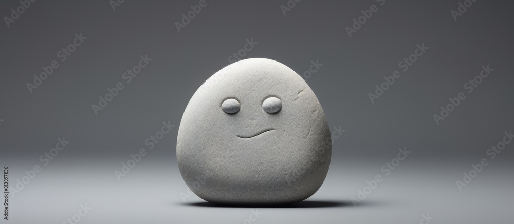 Poster a white stone with a sad expression is positioned on a plain gray background creating a copy space i