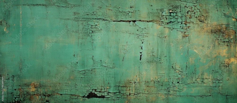Poster grunge texture abstract background with adhesive tape scraps on an old green metal panel creating a 