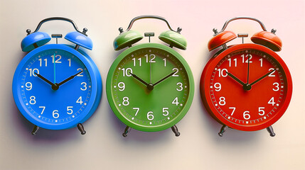 Retro classic alarm clocks, with two bells on top, a handle, and a control button between the bells, a bold blue clock, a forest green clock, a red clock 