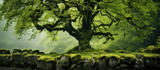 Obraz premium A stunningly green moss covered tree with a captivating hue copy space image