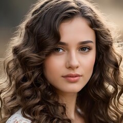 Naklejka premium Brunette girl with long and shiny wavy hair . Beautiful model with curly hairstyle .