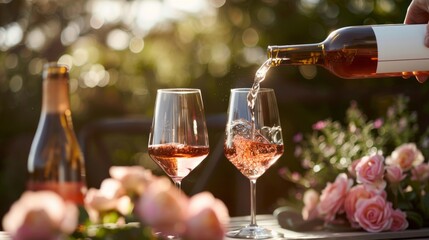 A bottle of wine is poured into two wine glasses