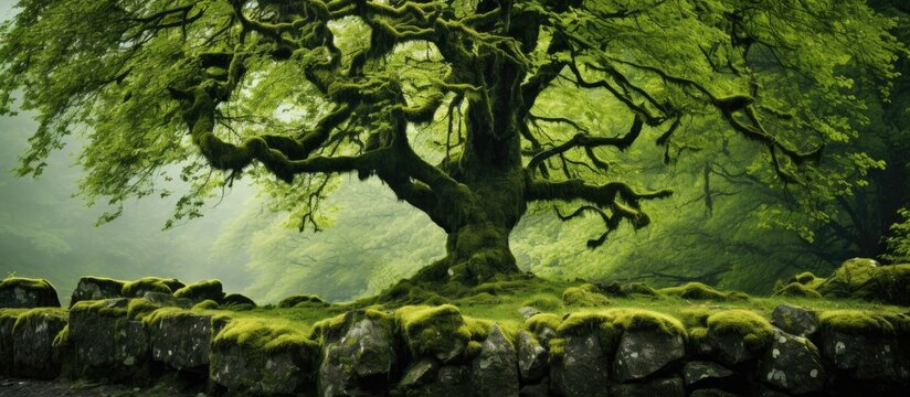 A stunningly green moss covered tree with a captivating hue copy space image