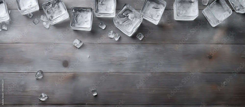 Poster grey table with ice cubes arranged in a flat lay composition creating ample empty space for adding t